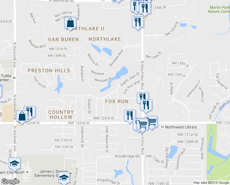 map of restaurants, bars, coffee shops, grocery stores, and more near 6208 Gaelic Glen Drive in Oklahoma City