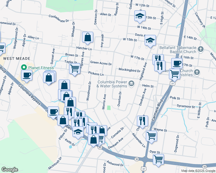 map of restaurants, bars, coffee shops, grocery stores, and more near 1913 Morris Avenue in Columbia