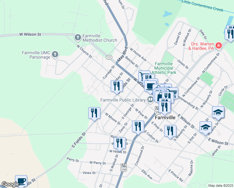 map of restaurants, bars, coffee shops, grocery stores, and more near 300 South Fields Street in Farmville
