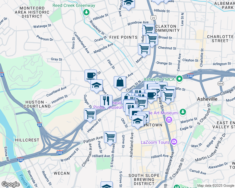 map of restaurants, bars, coffee shops, grocery stores, and more near 7 Cumberland Avenue in Asheville