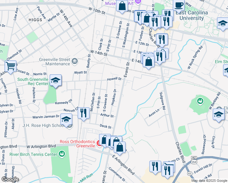 map of restaurants, bars, coffee shops, grocery stores, and more near 1800 Hopkins Drive in Greenville
