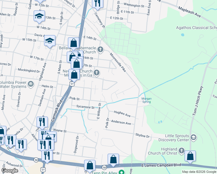 map of restaurants, bars, coffee shops, grocery stores, and more near 313 East Highland Drive in Columbia