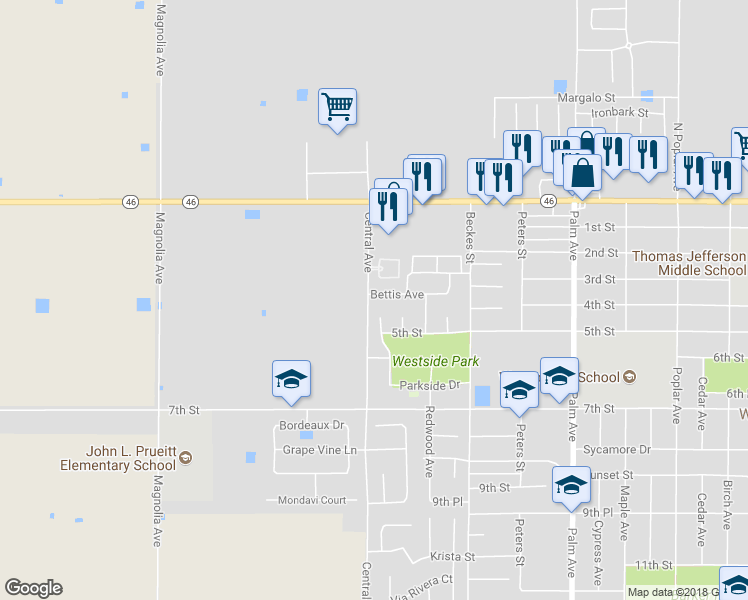 map of restaurants, bars, coffee shops, grocery stores, and more near 2799 Bettis Avenue in Wasco