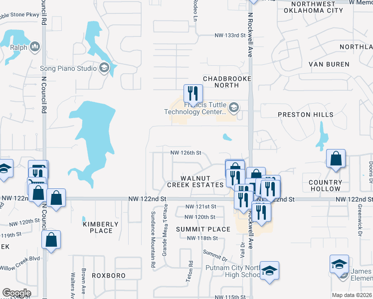 map of restaurants, bars, coffee shops, grocery stores, and more near 7401 Northwest 126th Street in Oklahoma City