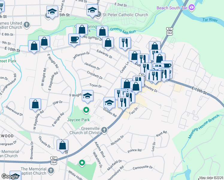 map of restaurants, bars, coffee shops, grocery stores, and more near 1407 Cedar Ln in Greenville
