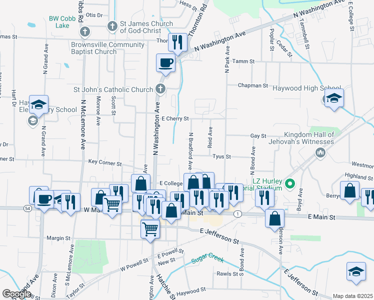 map of restaurants, bars, coffee shops, grocery stores, and more near 407 North Bradford Avenue in Brownsville