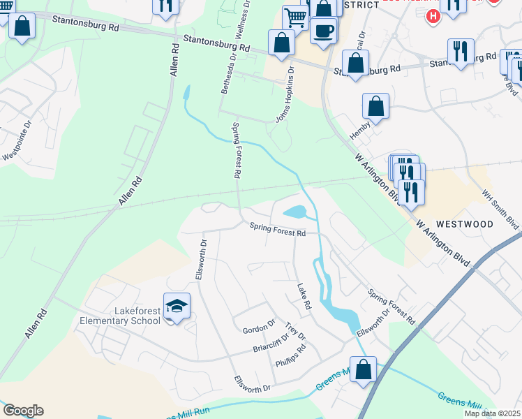 map of restaurants, bars, coffee shops, grocery stores, and more near 535 Spring Forest Road in Greenville