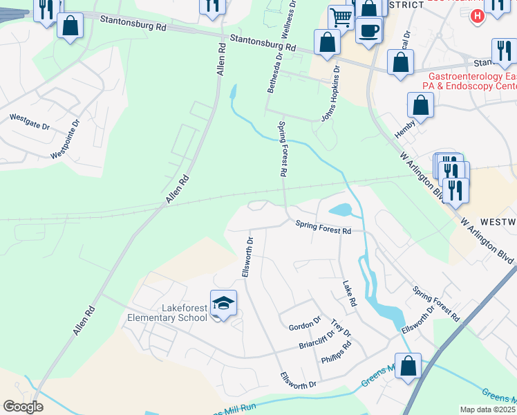 map of restaurants, bars, coffee shops, grocery stores, and more near 520 Spring Forest Road in Greenville