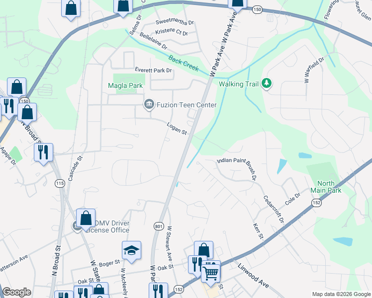 map of restaurants, bars, coffee shops, grocery stores, and more near 554 West Park Avenue in Mooresville