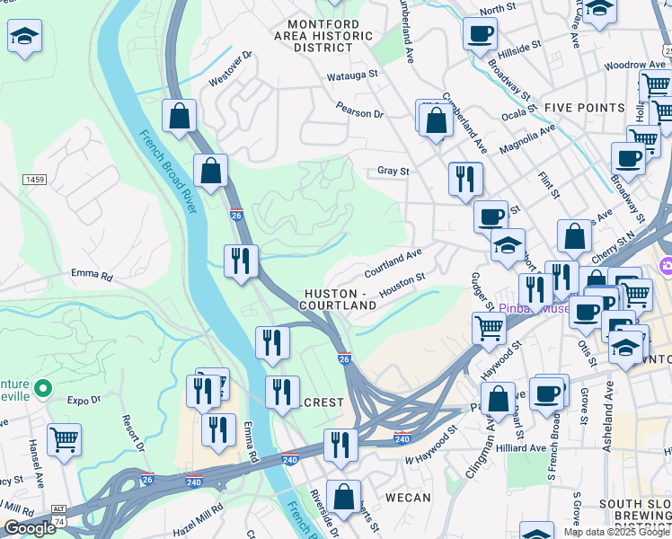 map of restaurants, bars, coffee shops, grocery stores, and more near 186 Courtland Place in Asheville