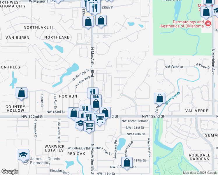 map of restaurants, bars, coffee shops, grocery stores, and more near 12600 North Macarthur Boulevard in Oklahoma City