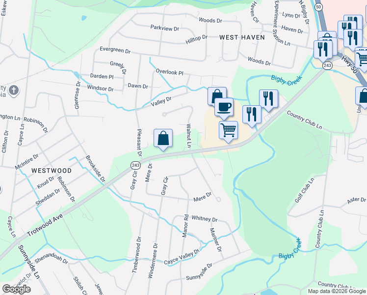 map of restaurants, bars, coffee shops, grocery stores, and more near 2702 Trotwood Avenue in Columbia