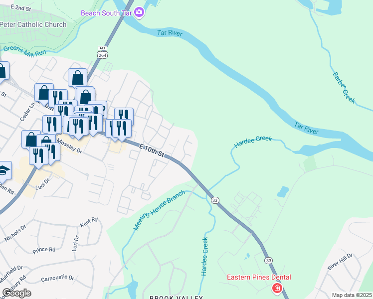 map of restaurants, bars, coffee shops, grocery stores, and more near 2200 Old Courthouse Drive in Greenville