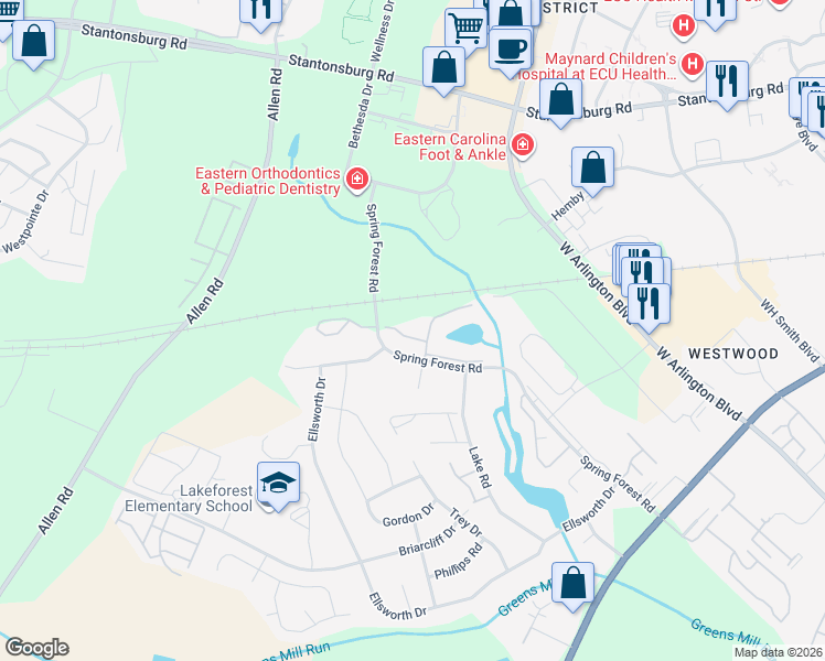 map of restaurants, bars, coffee shops, grocery stores, and more near 535 Spring Forest Road in Greenville