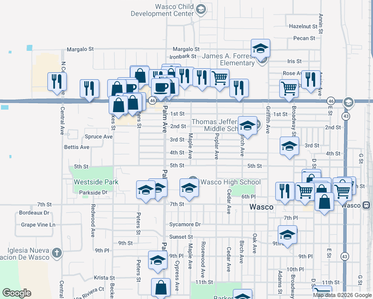 map of restaurants, bars, coffee shops, grocery stores, and more near 1914 4th Street in Wasco