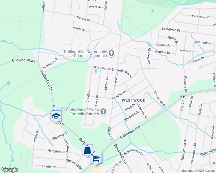 map of restaurants, bars, coffee shops, grocery stores, and more near 6006 Clifton Drive in Columbia