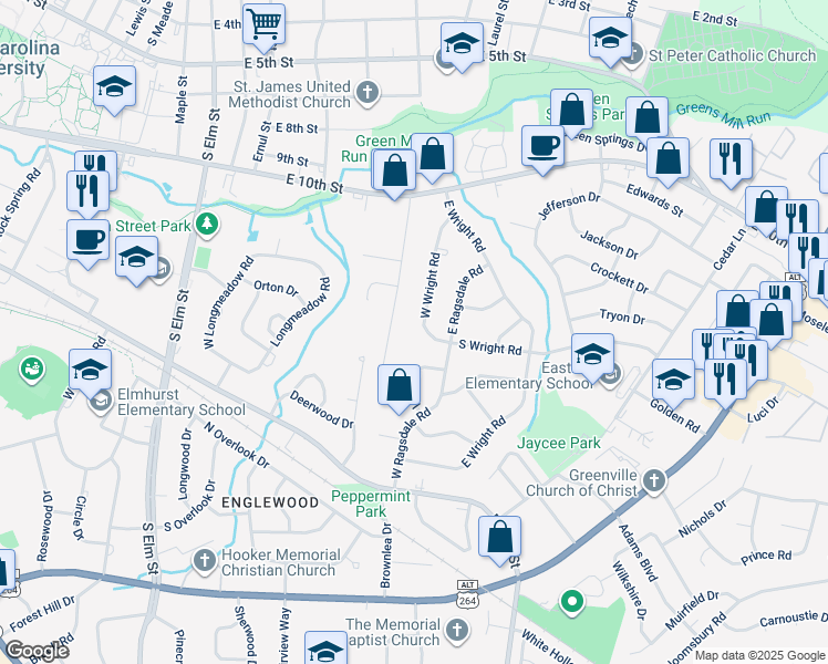 map of restaurants, bars, coffee shops, grocery stores, and more near 1106 W Wright Rd in Greenville