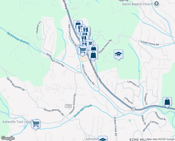 map of restaurants, bars, coffee shops, grocery stores, and more near 5 Glimmer Drive in Asheville