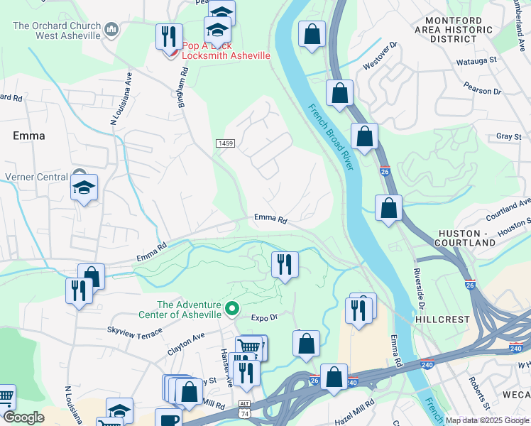 map of restaurants, bars, coffee shops, grocery stores, and more near 341 Emma Road in Asheville