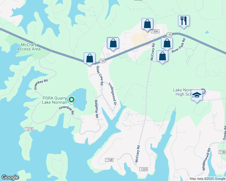map of restaurants, bars, coffee shops, grocery stores, and more near Trollingwood Ln in Mooresville
