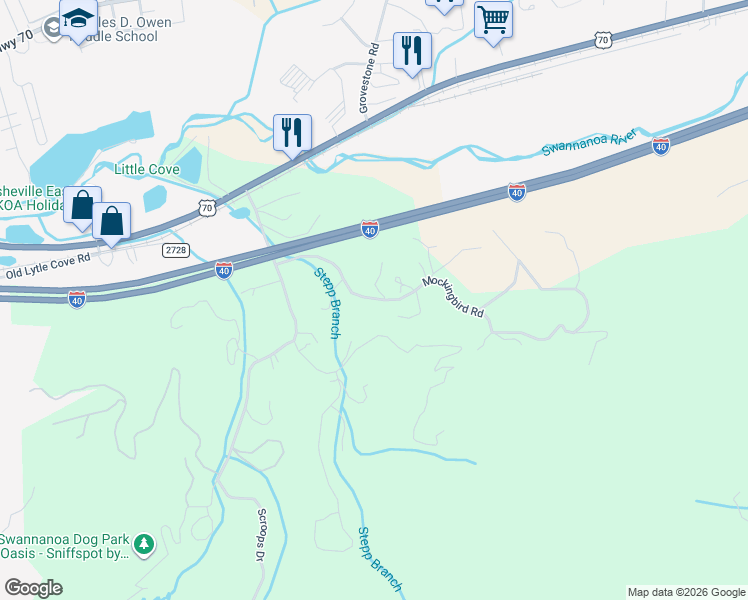 map of restaurants, bars, coffee shops, grocery stores, and more near 77 Mockingbird Road in Swannanoa