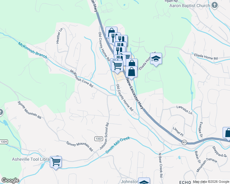 map of restaurants, bars, coffee shops, grocery stores, and more near 10 Mill Creek Loop in Asheville