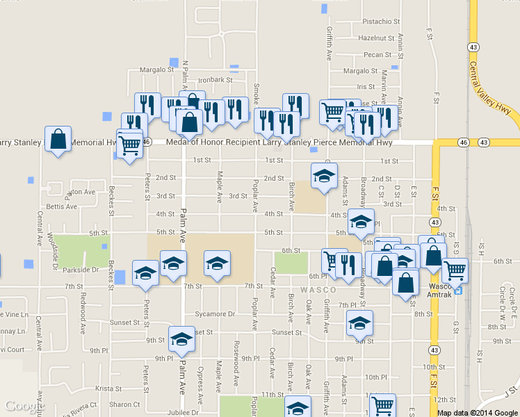 map of restaurants, bars, coffee shops, grocery stores, and more near 1690 4th St in Wasco