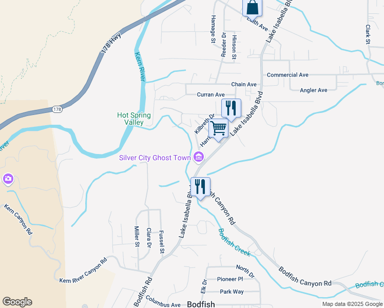 map of restaurants, bars, coffee shops, grocery stores, and more near 1709 Kilbreth Drive in Bodfish