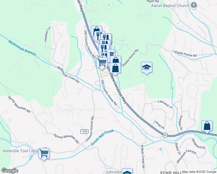 map of restaurants, bars, coffee shops, grocery stores, and more near 5 Glimmer Drive in Asheville