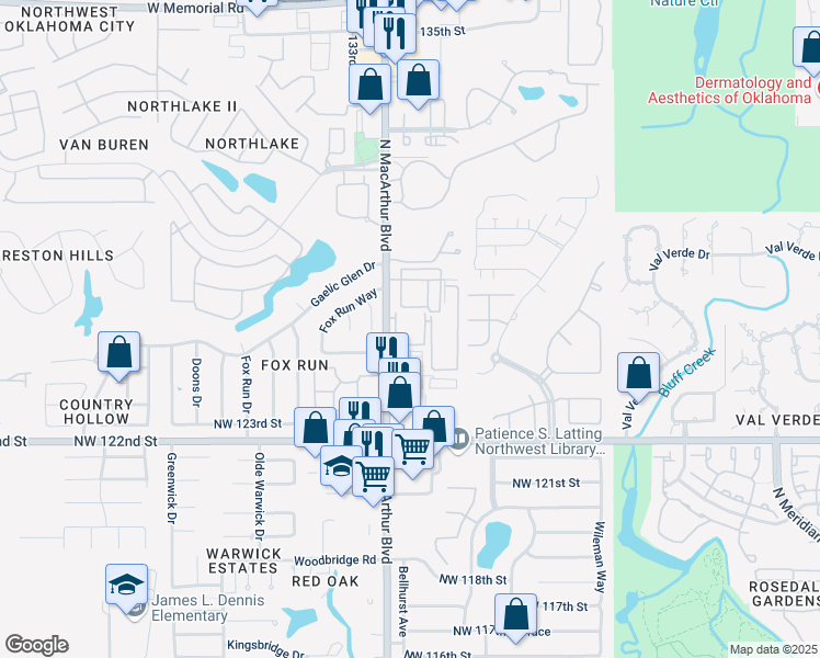 map of restaurants, bars, coffee shops, grocery stores, and more near 12600 North Macarthur Boulevard in Oklahoma City