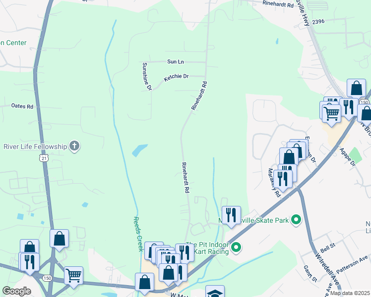 map of restaurants, bars, coffee shops, grocery stores, and more near 399 Rinehardt Road in Mooresville