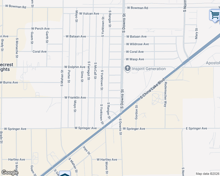 map of restaurants, bars, coffee shops, grocery stores, and more near 1416 South Ranger Street in Ridgecrest