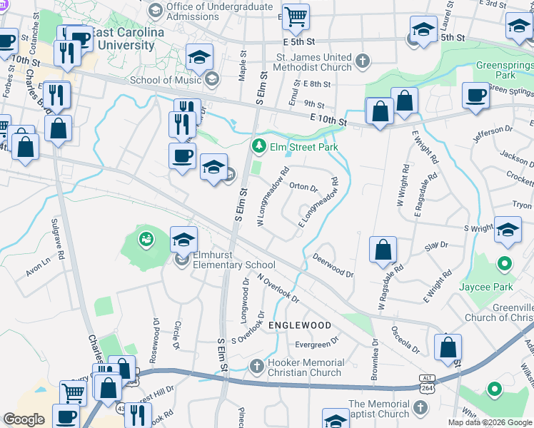 map of restaurants, bars, coffee shops, grocery stores, and more near 526 West Longmeadow Road in Greenville