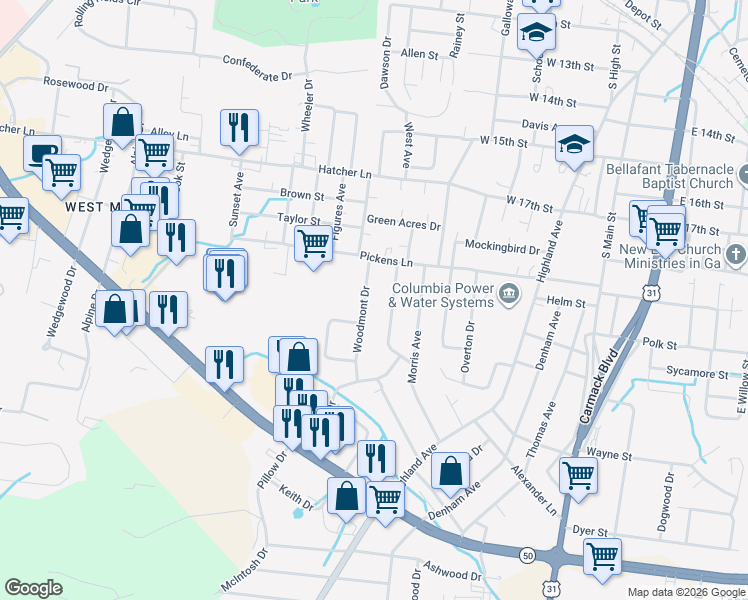 map of restaurants, bars, coffee shops, grocery stores, and more near 1912 Woodmont Drive in Columbia