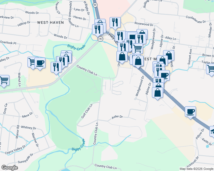 map of restaurants, bars, coffee shops, grocery stores, and more near 2015 Country Club Lane in Columbia