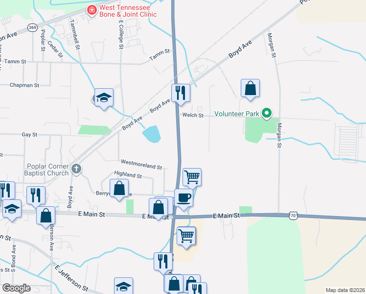 map of restaurants, bars, coffee shops, grocery stores, and more near 415 Dupree Street in Brownsville