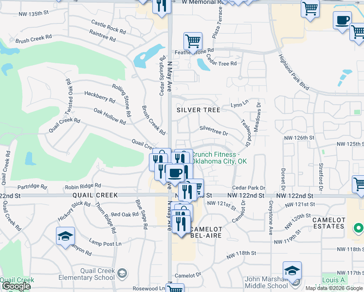 map of restaurants, bars, coffee shops, grocery stores, and more near 2815 Indian Creek Boulevard in Oklahoma City