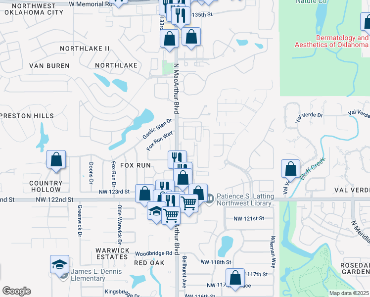 map of restaurants, bars, coffee shops, grocery stores, and more near 12600 North Macarthur Boulevard in Oklahoma City