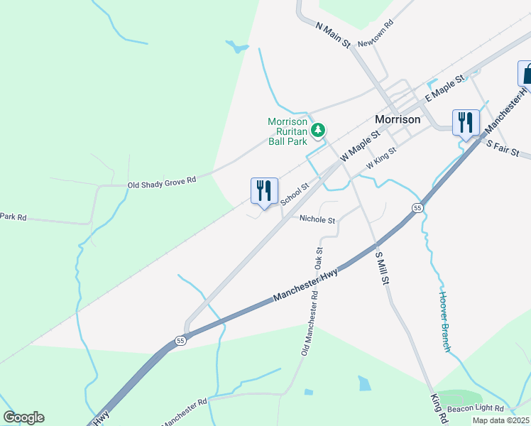 map of restaurants, bars, coffee shops, grocery stores, and more near 601 School Street in Morrison