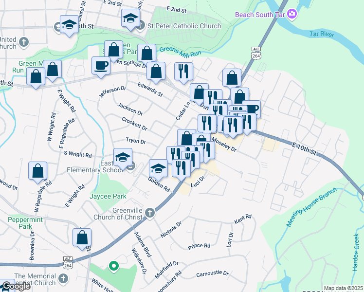map of restaurants, bars, coffee shops, grocery stores, and more near 209 John Avenue in Greenville