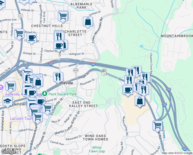 map of restaurants, bars, coffee shops, grocery stores, and more near 457 College Street in Asheville