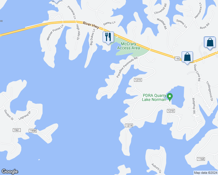map of restaurants, bars, coffee shops, grocery stores, and more near 218 Paradise Peninsula Road in Mooresville