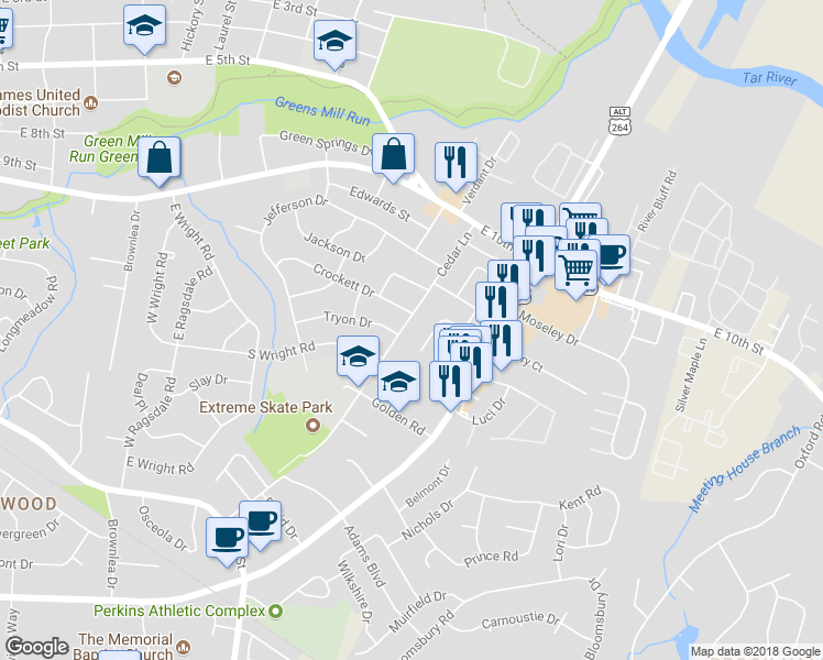 map of restaurants, bars, coffee shops, grocery stores, and more near 1405 Cedar Lane in Greenville
