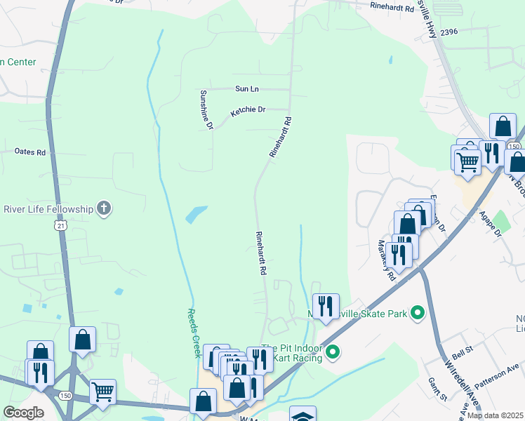 map of restaurants, bars, coffee shops, grocery stores, and more near 399 Rinehardt Road in Mooresville