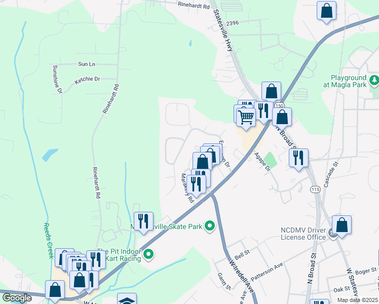 map of restaurants, bars, coffee shops, grocery stores, and more near 151 Limerick Road in Mooresville