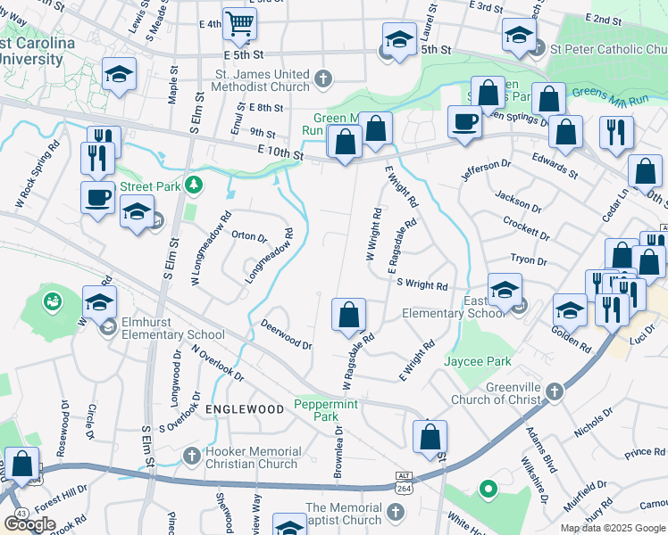 map of restaurants, bars, coffee shops, grocery stores, and more near 1122 Brownlea Drive in Greenville