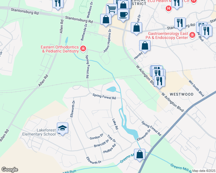 map of restaurants, bars, coffee shops, grocery stores, and more near 605 Spring Forest Road in Greenville