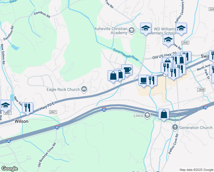 map of restaurants, bars, coffee shops, grocery stores, and more near 7 East Top Drive in Swannanoa