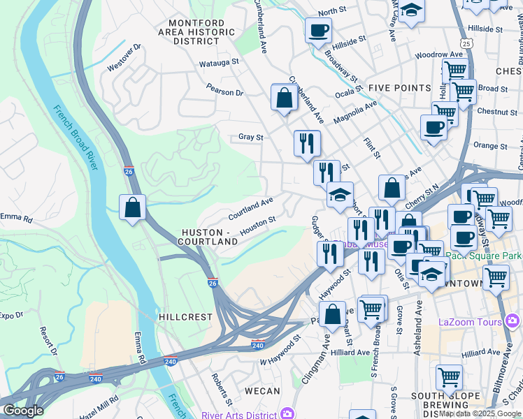map of restaurants, bars, coffee shops, grocery stores, and more near 68 Houston Street in Asheville