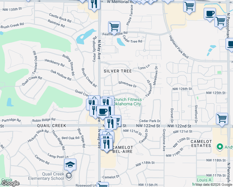 map of restaurants, bars, coffee shops, grocery stores, and more near 2740 Indian Creek Boulevard in Oklahoma City